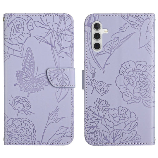 For Samsung Galaxy A04s HT03 Skin Feel Butterfly Embossed Flip Leather Phone Case(Purple)