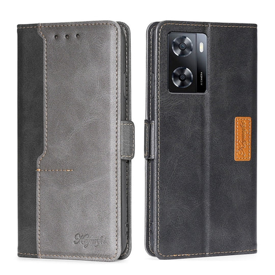 For OPPO A57s 4G / A57e 4G Contrast Color Side Buckle Leather Phone Case(Black+Grey)
