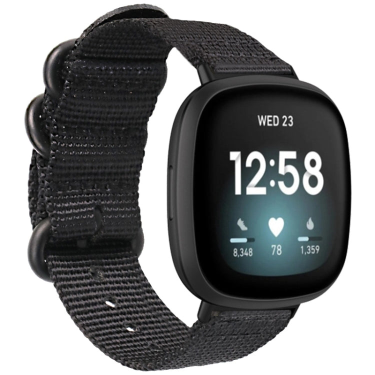 For Fitbit Versa 4 / Sense 2 Universal Three-ring Steel Buckle Nylon Watch Band(Black) - Watch Bands by buy2fix | Online Shopping UK | buy2fix