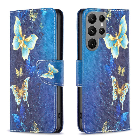 For Samsung Galaxy S23 Ultra 5G Colored Drawing Pattern Leather Phone Case(Gold Butterfly)