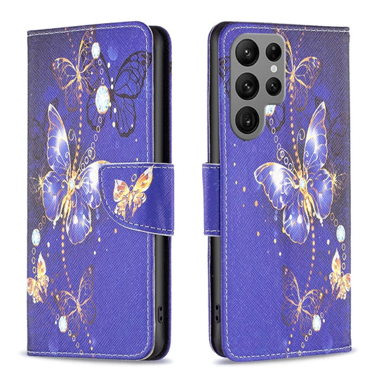 For Samsung Galaxy S23 Ultra 5G Colored Drawing Pattern Leather Phone Case(Purple Butterfly)