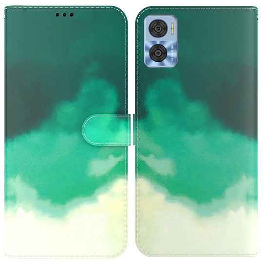 For Motorola Moto E22/E22i Watercolor Pattern Flip Leather Phone Case(Cyan Green)