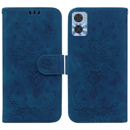 For Motorola Moto E22/E22i Butterfly Rose Embossed Leather Phone Case(Blue)