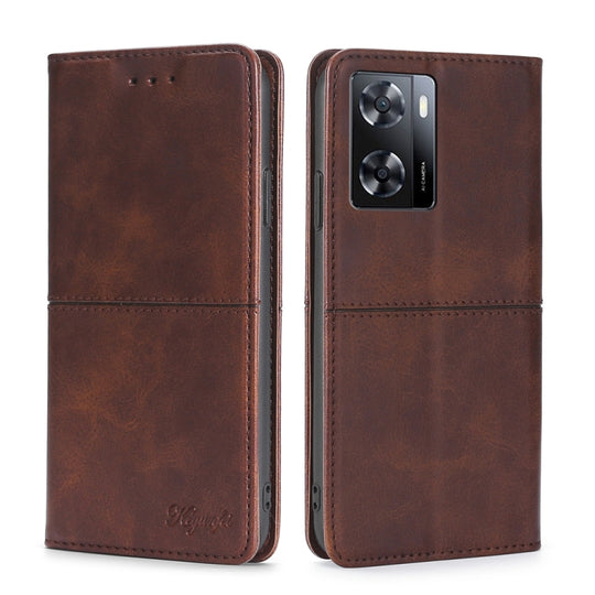 For OPPO A57s 4G / A57e 4G Cow Texture Magnetic Leather Phone Case(Dark Brown)