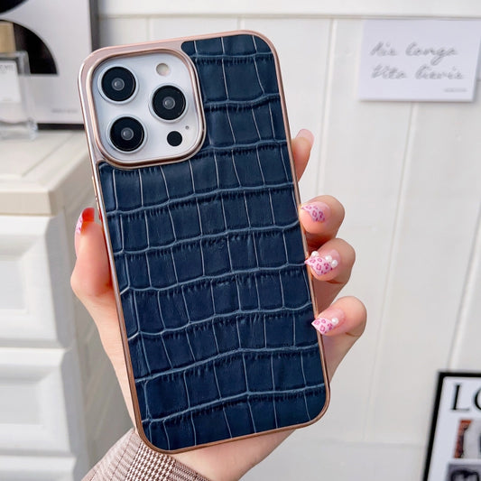 For iPhone 14 Pro Max Nano Electroplating Crocodile Texture Genuine Leather Phone Case(Blue) - iPhone 14 Pro Max Cases by buy2fix | Online Shopping UK | buy2fix