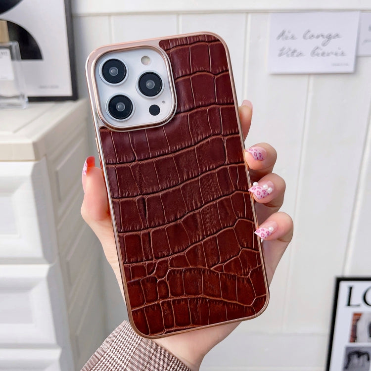 For iPhone 14 Pro Max Nano Electroplating Crocodile Texture Genuine Leather Phone Case(Coffee Brown) - iPhone 14 Pro Max Cases by buy2fix | Online Shopping UK | buy2fix