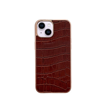 For iPhone 14 Nano Electroplating Crocodile Texture Genuine Leather Phone Case(Coffee Brown) - iPhone 14 Cases by buy2fix | Online Shopping UK | buy2fix