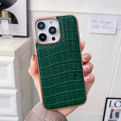 For iPhone 14 Nano Electroplating Crocodile Texture Genuine Leather Phone Case(Green) - iPhone 14 Cases by buy2fix | Online Shopping UK | buy2fix