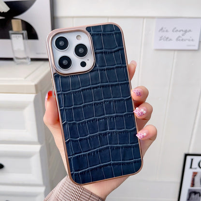 For iPhone 14 Plus Nano Electroplating Crocodile Texture Genuine Leather Phone Case(Blue) - iPhone 14 Plus Cases by buy2fix | Online Shopping UK | buy2fix