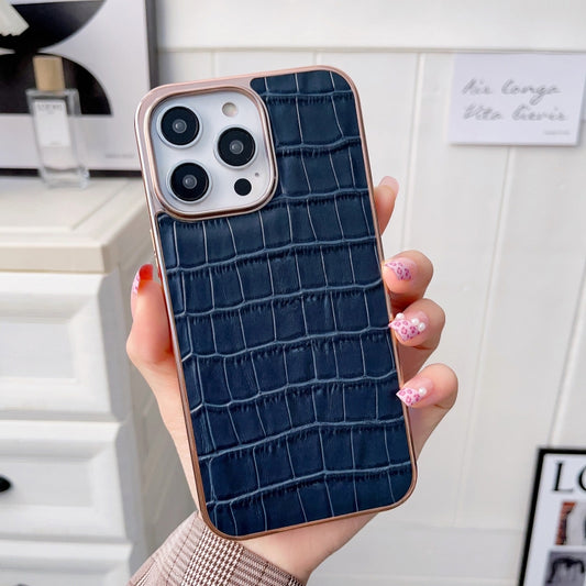 For iPhone 14 Plus Nano Electroplating Crocodile Texture Genuine Leather Phone Case(Blue) - iPhone 14 Plus Cases by buy2fix | Online Shopping UK | buy2fix