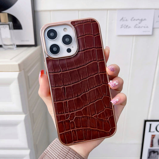 For iPhone 14 Plus Nano Electroplating Crocodile Texture Genuine Leather Phone Case(Coffee Brown) - iPhone 14 Plus Cases by buy2fix | Online Shopping UK | buy2fix