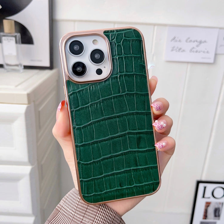 For iPhone 14 Plus Nano Electroplating Crocodile Texture Genuine Leather Phone Case(Green) - iPhone 14 Plus Cases by buy2fix | Online Shopping UK | buy2fix