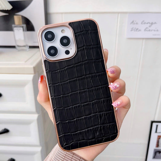 For iPhone 14 Plus Nano Electroplating Crocodile Texture Genuine Leather Phone Case(Black) - iPhone 14 Plus Cases by buy2fix | Online Shopping UK | buy2fix