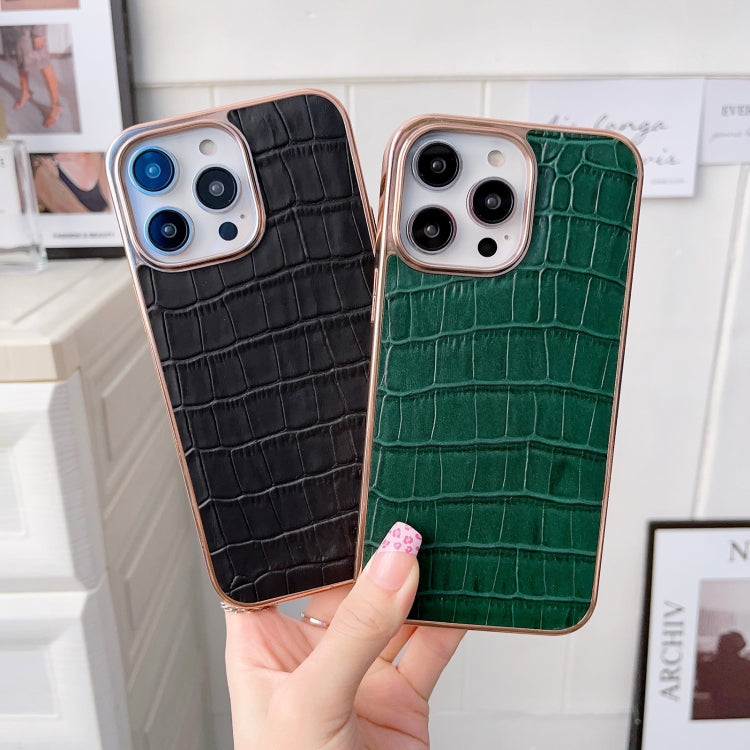 For iPhone 14 Plus Nano Electroplating Crocodile Texture Genuine Leather Phone Case(Coffee Brown) - iPhone 14 Plus Cases by buy2fix | Online Shopping UK | buy2fix