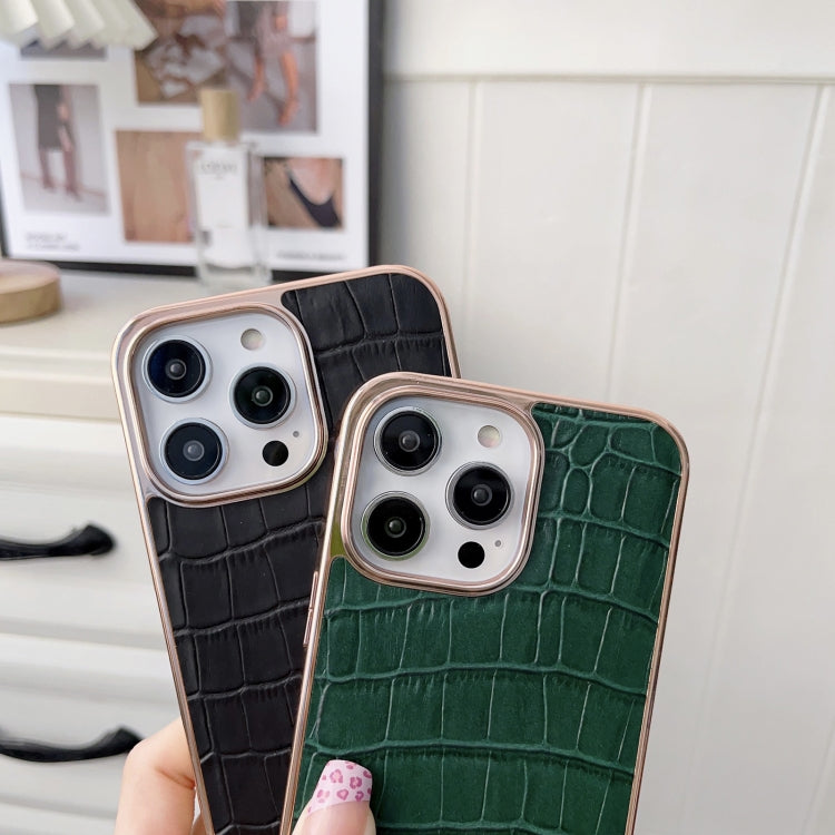 For iPhone 14 Plus Nano Electroplating Crocodile Texture Genuine Leather Phone Case(Green) - iPhone 14 Plus Cases by buy2fix | Online Shopping UK | buy2fix