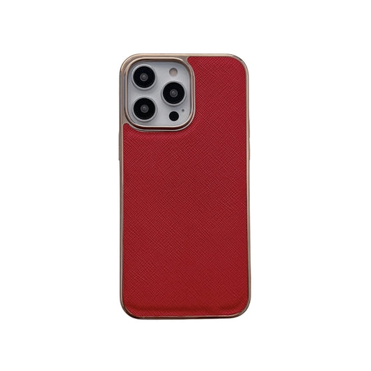 For iPhone 14 Pro Max Nano Electroplating Cross Texture Genuine Leather Phone Case(Red) - iPhone 14 Pro Max Cases by buy2fix | Online Shopping UK | buy2fix