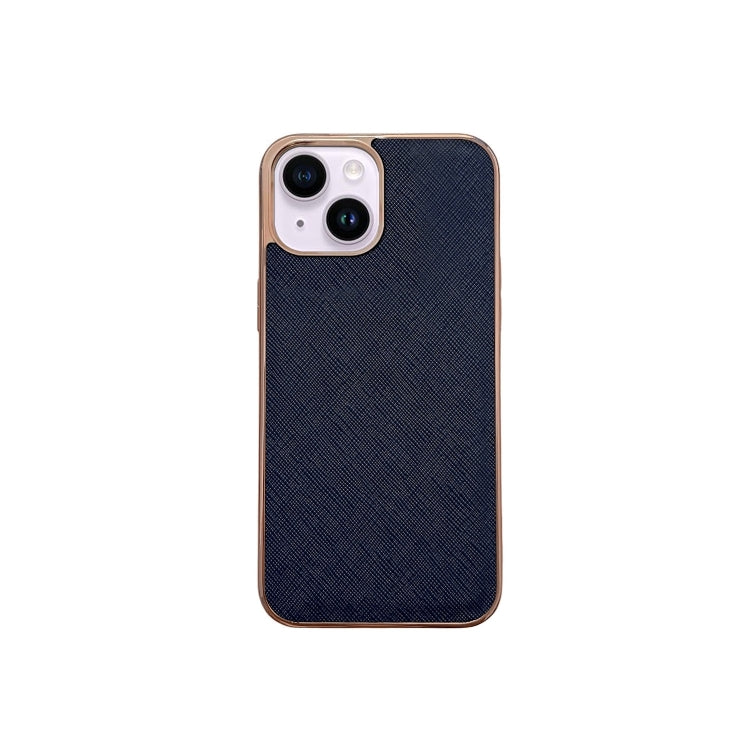 For iPhone 14 Nano Electroplating Cross Texture Genuine Leather Phone Case(Blue) - iPhone 14 Cases by buy2fix | Online Shopping UK | buy2fix