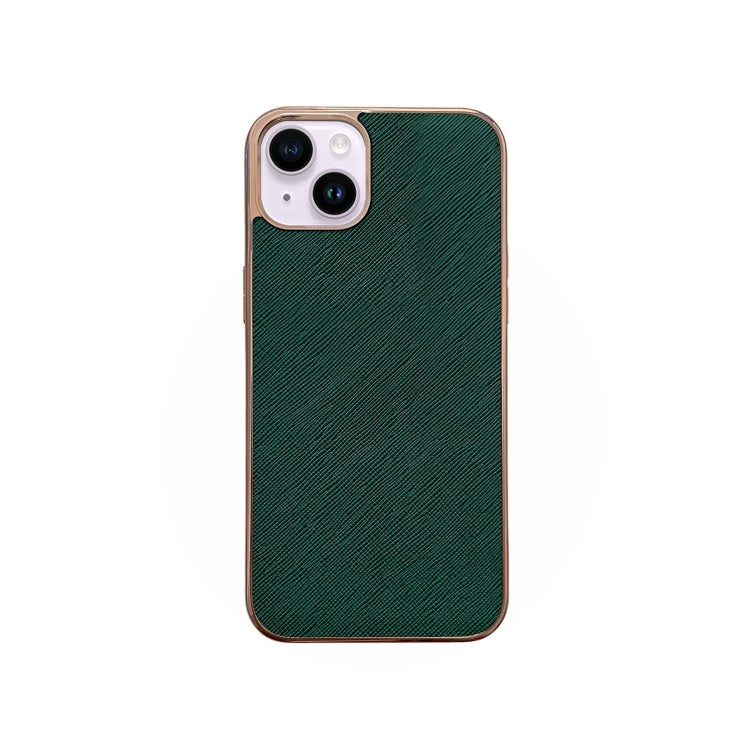For iPhone 14 Nano Electroplating Cross Texture Genuine Leather Phone Case(Green) - iPhone 14 Cases by buy2fix | Online Shopping UK | buy2fix