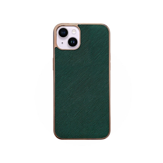 For iPhone 14 Nano Electroplating Cross Texture Genuine Leather Phone Case(Green) - iPhone 14 Cases by buy2fix | Online Shopping UK | buy2fix