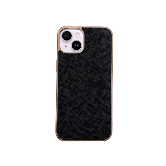 For iPhone 14 Nano Electroplating Cross Texture Genuine Leather Phone Case(Black) - iPhone 14 Cases by buy2fix | Online Shopping UK | buy2fix