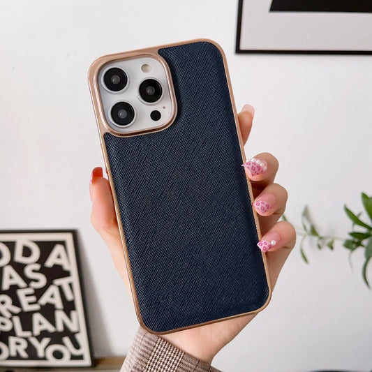 For iPhone 14 Plus Nano Electroplating Cross Texture Genuine Leather Phone Case(Blue) - iPhone 14 Plus Cases by buy2fix | Online Shopping UK | buy2fix