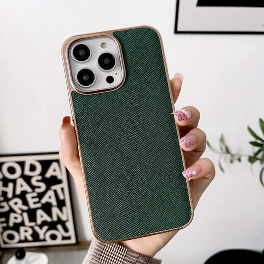 For iPhone 14 Plus Nano Electroplating Cross Texture Genuine Leather Phone Case(Green) - iPhone 14 Plus Cases by buy2fix | Online Shopping UK | buy2fix