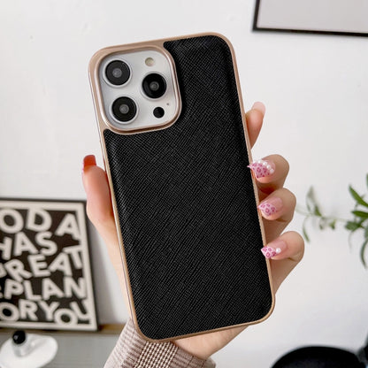 For iPhone 14 Plus Nano Electroplating Cross Texture Genuine Leather Phone Case(Black) - iPhone 14 Plus Cases by buy2fix | Online Shopping UK | buy2fix