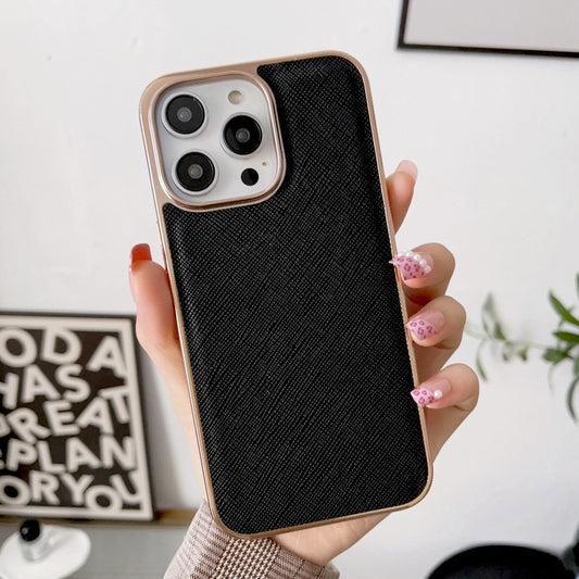 For iPhone 14 Plus Nano Electroplating Cross Texture Genuine Leather Phone Case(Black) - iPhone 14 Plus Cases by buy2fix | Online Shopping UK | buy2fix
