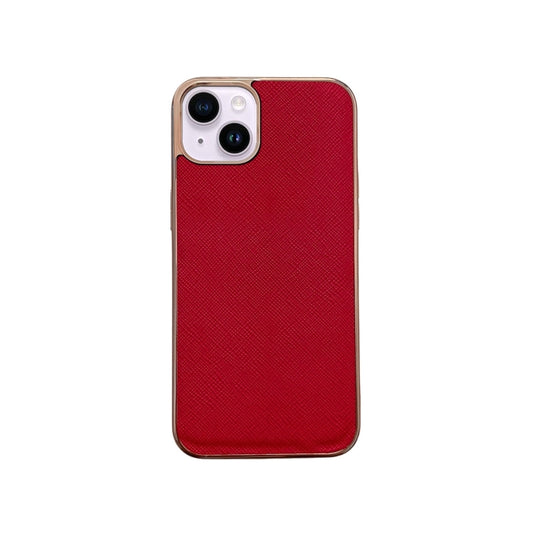 For iPhone 14 Plus Nano Electroplating Cross Texture Genuine Leather Phone Case(Red) - iPhone 14 Plus Cases by buy2fix | Online Shopping UK | buy2fix