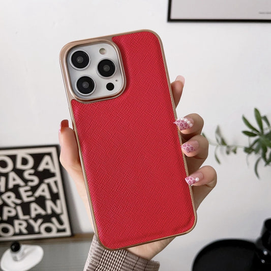 For iPhone 14 Plus Nano Electroplating Cross Texture Genuine Leather Phone Case(Red) - iPhone 14 Plus Cases by buy2fix | Online Shopping UK | buy2fix