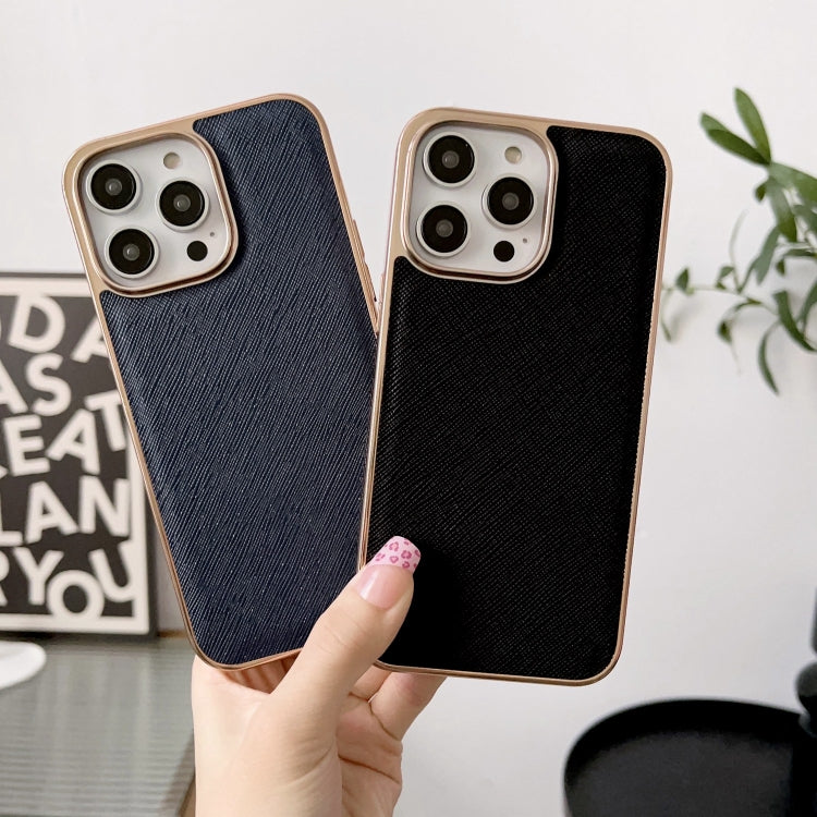 For iPhone 14 Plus Nano Electroplating Cross Texture Genuine Leather Phone Case(Red) - iPhone 14 Plus Cases by buy2fix | Online Shopping UK | buy2fix