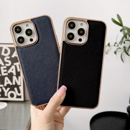 For iPhone 14 Plus Nano Electroplating Cross Texture Genuine Leather Phone Case(Red) - iPhone 14 Plus Cases by buy2fix | Online Shopping UK | buy2fix
