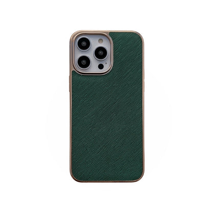 For iPhone 13 Pro Max Nano Electroplating Cross Texture Genuine Leather Phone Case(Green) - iPhone 13 Pro Max Cases by buy2fix | Online Shopping UK | buy2fix