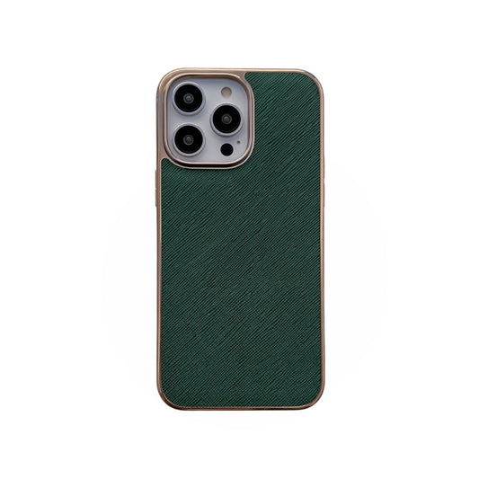 For iPhone 13 Pro Max Nano Electroplating Cross Texture Genuine Leather Phone Case(Green) - iPhone 13 Pro Max Cases by buy2fix | Online Shopping UK | buy2fix