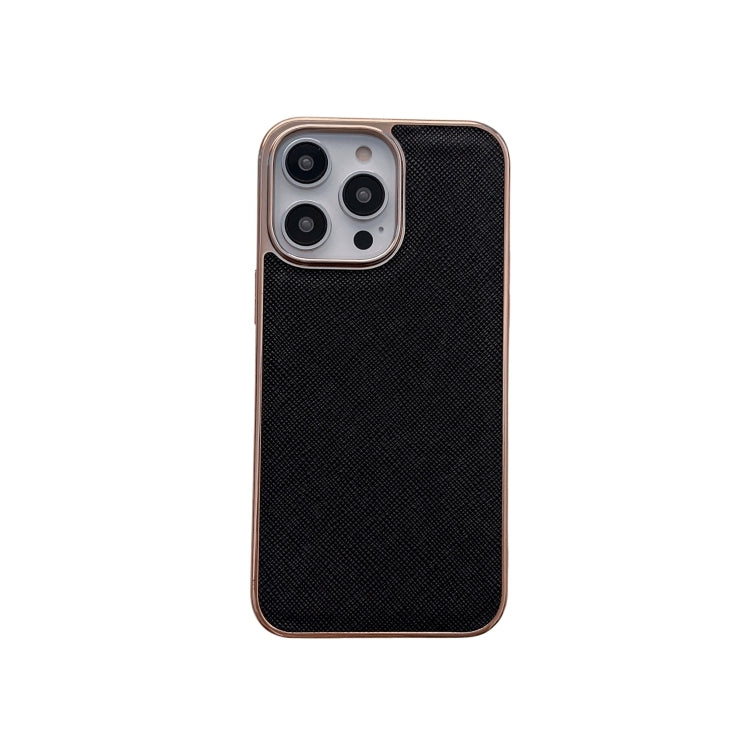 For iPhone 13 Pro Max Nano Electroplating Cross Texture Genuine Leather Phone Case(Black) - iPhone 13 Pro Max Cases by buy2fix | Online Shopping UK | buy2fix