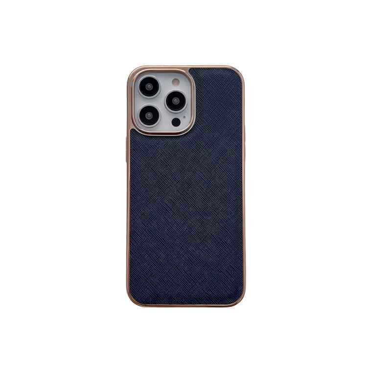 For iPhone 13 Pro Nano Electroplating Cross Texture Genuine Leather Phone Case(Blue) - iPhone 13 Pro Cases by buy2fix | Online Shopping UK | buy2fix