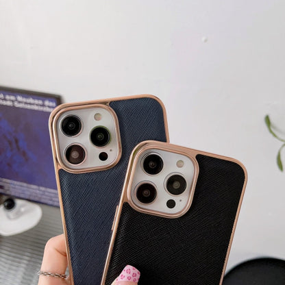 For iPhone 13 Nano Electroplating Cross Texture Genuine Leather Phone Case(Blue) - iPhone 13 Cases by buy2fix | Online Shopping UK | buy2fix