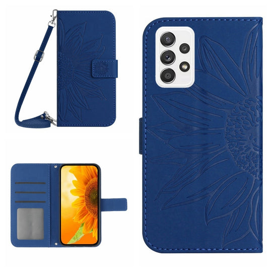 For Samsung Galaxy A73 5G Skin Feel Sun Flower Pattern Flip Leather Phone Case with Lanyard(Dark Blue)