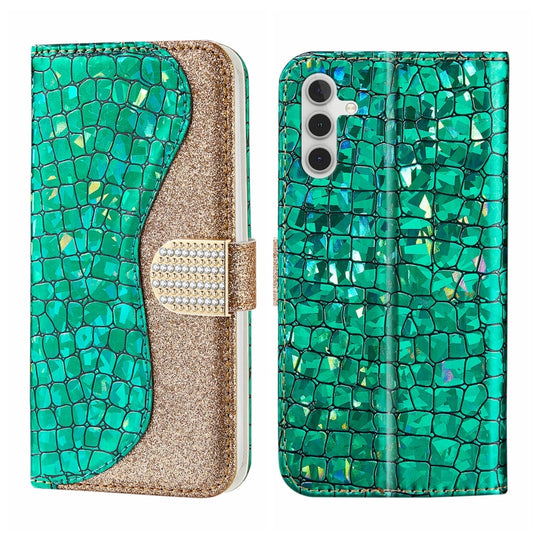For Samsung Galaxy A14 5G Laser Glitter Powder Crocodile Texture Leather Phone Case(Green)