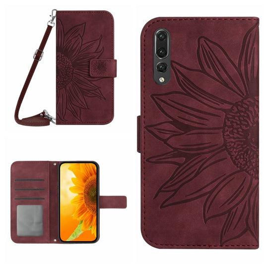 For Huawei P20 Pro Skin Feel Sun Flower Pattern Flip Leather Phone Case with Lanyard(Wine Red)