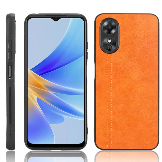 For OPPO A17 Sewing Cow Pattern Skin PC + PU + TPU Phone Case(Orange)