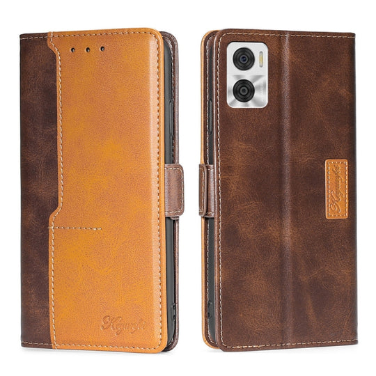 For Motorola Moto E22/E22i Contrast Color Side Buckle Leather Phone Case(Dark Brown+Gold)