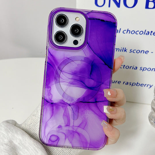 For iPhone 14 Pro Max Marble Dual-side Laminating Magsafe Phone Case(White Purple)