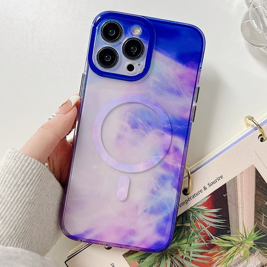 For iPhone 14 Plus Marble Dual-side Laminating Magsafe Phone Case(White Blue) - iPhone 14 Plus Cases by buy2fix | Online Shopping UK | buy2fix