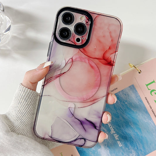 For iPhone 14 Plus Marble Dual-side Laminating Magsafe Phone Case(White Orange) - iPhone 14 Plus Cases by buy2fix | Online Shopping UK | buy2fix