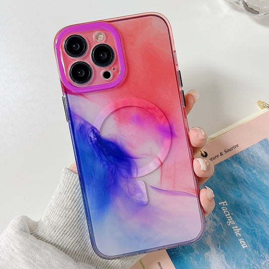 For iPhone 14 Plus Marble Dual-side Laminating Magsafe Phone Case(Blue Orange) - iPhone 14 Plus Cases by buy2fix | Online Shopping UK | buy2fix