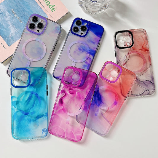 For iPhone 14 Plus Marble Dual-side Laminating Magsafe Phone Case(White Blue) - iPhone 14 Plus Cases by buy2fix | Online Shopping UK | buy2fix