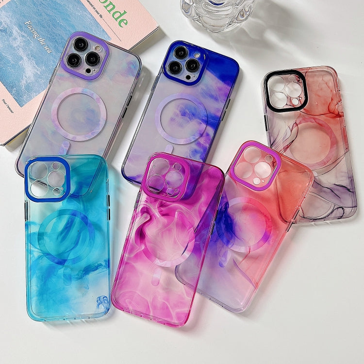 For iPhone 14 Plus Marble Dual-side Laminating Magsafe Phone Case(Blue Orange) - iPhone 14 Plus Cases by buy2fix | Online Shopping UK | buy2fix