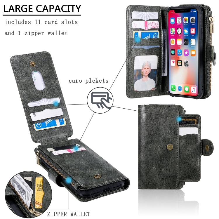 For iPhone X / XS Multifunctional Retro Detachable Magnetic Horizontal Flip Leather Case with Card Slots & Holder & Wallet & Photo Frame(Dark Green) - More iPhone Cases by buy2fix | Online Shopping UK | buy2fix