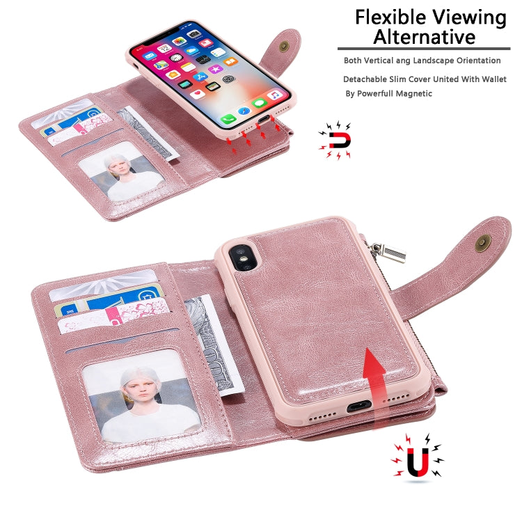 For iPhone X / XS Multifunctional Retro Detachable Magnetic Horizontal Flip Leather Case with Card Slots & Holder & Wallet & Photo Frame(Rose Gold) - More iPhone Cases by buy2fix | Online Shopping UK | buy2fix